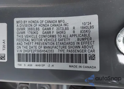 2025 Honda Civic Sport from USA, damaged, VIN 2HGFE2F59SH542353